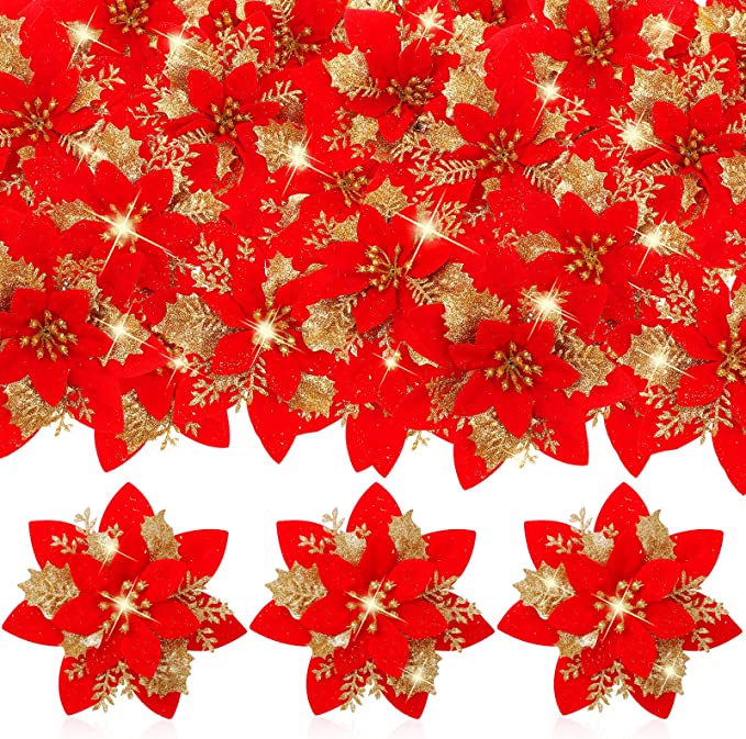 100 Pcs Artificial Poinsettia Flowers Bulk Pack Red Gold Christmas Decoration