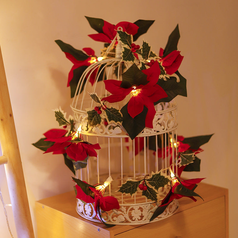 9.8 FT Artificial Poinsettia Garland with Pre-lit LED String Lights, Bulk Christmas Flower Runner