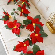 9.8 FT Artificial Poinsettia Garland with Pre-lit LED String Lights, Bulk Christmas Flower Runner
