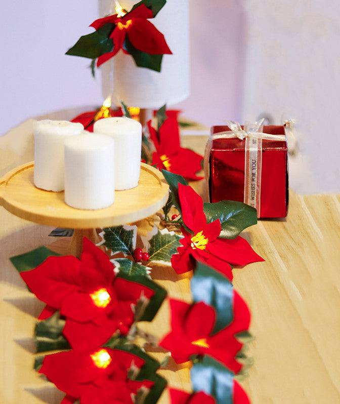 9.8 FT Artificial Poinsettia Garland with Pre-lit LED String Lights, Bulk Christmas Flower Runner