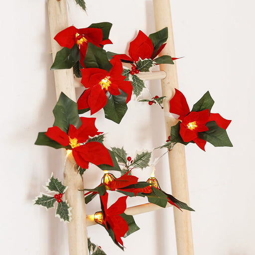 9.8 FT Artificial Poinsettia Garland with Pre-lit LED String Lights, Bulk Christmas Flower Runner