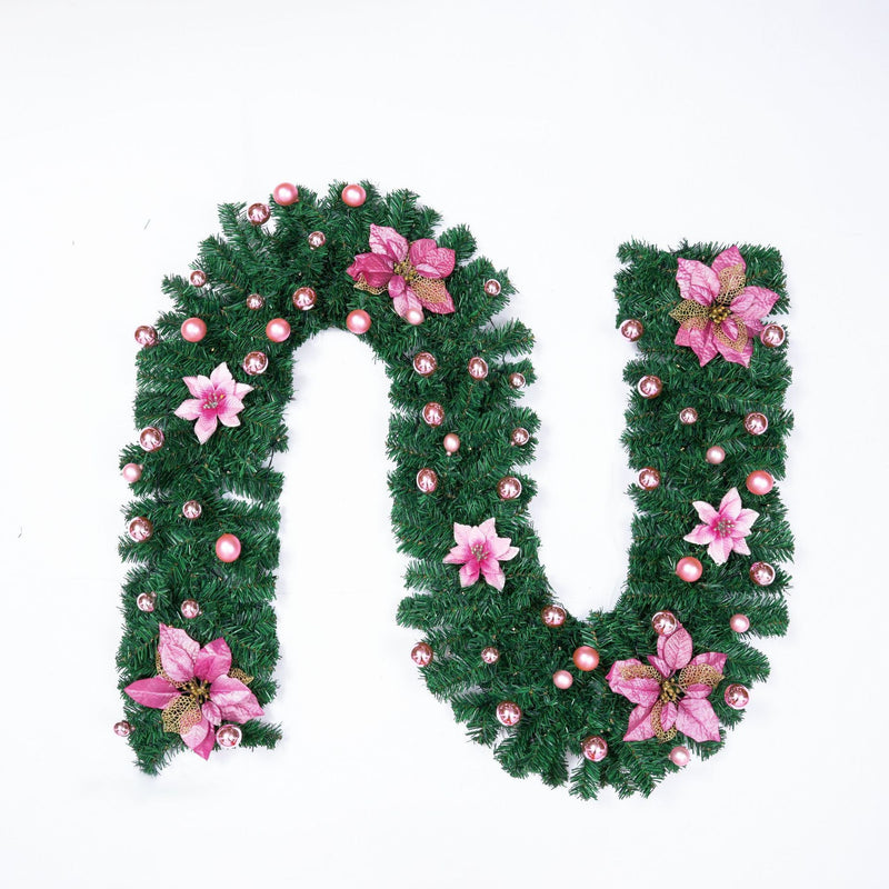 9FT Artificial Poinsettia Garland with LED Lights, Pre-Lit Christmas Decoration, Bulk Quantity
