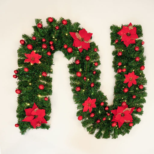 9FT Artificial Poinsettia Garland with LED Lights, Pre-Lit Christmas Decoration, Bulk Quantity