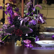 8 Inch Artificial Halloween Flower Arrangement 1 Pc Black Purple Burgundy Blooms with Leaves in Gold Vase