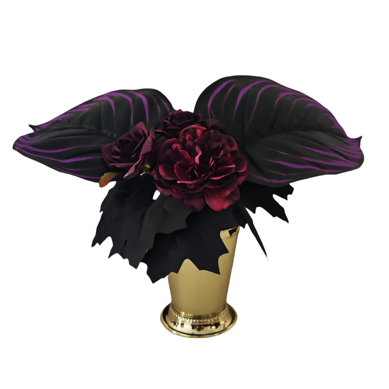 8 Inch Artificial Halloween Flower Arrangement 1 Pc Black Purple Burgundy Blooms with Leaves in Gold Vase