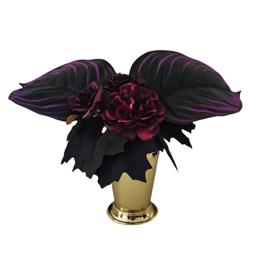 8 Inch Artificial Halloween Flower Arrangement 1 Pc Black Purple Burgundy Blooms with Leaves in Gold Vase