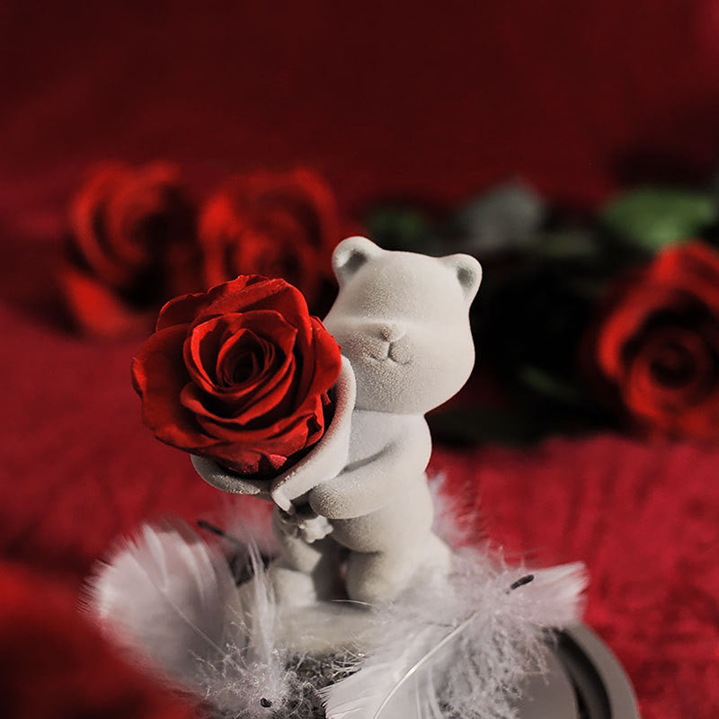 Preserved Rose Bear in Glass Dome for Valentine's Birthday Anniversary Gifts - Wholesale Bulk
