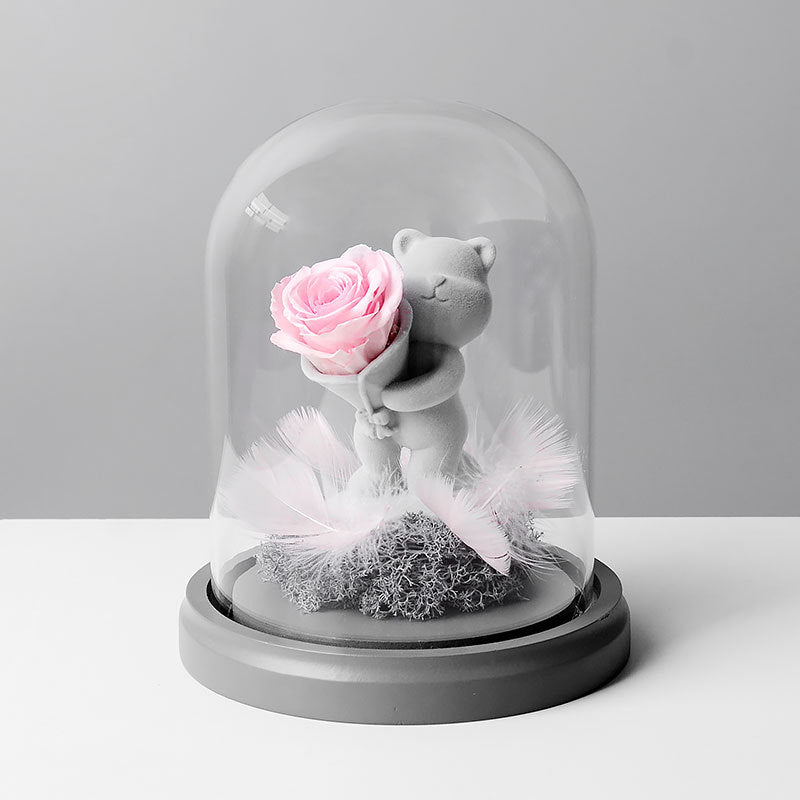 Preserved Rose Bear in Glass Dome for Valentine's Birthday Anniversary Gifts - Wholesale Bulk