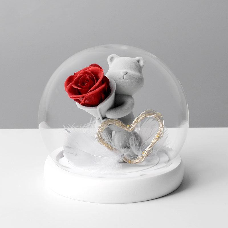 Preserved Rose Bear in Glass Dome for Valentine's Birthday Anniversary Gifts - Wholesale Bulk