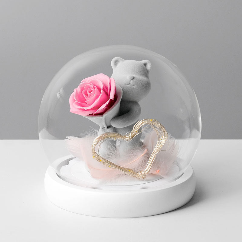 Preserved Rose Bear in Glass Dome for Valentine's Birthday Anniversary Gifts - Wholesale Bulk