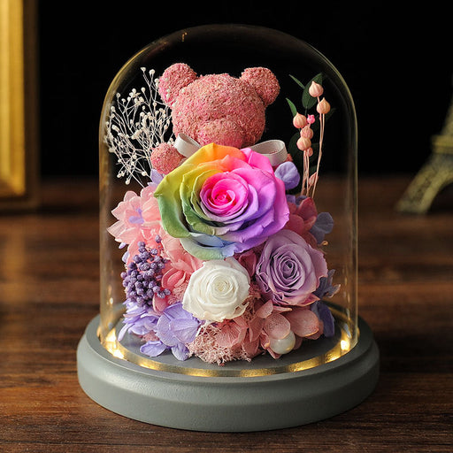 Preserved Rose Moss Bear with LED Light Bulk Gift Set Artificial Flowers