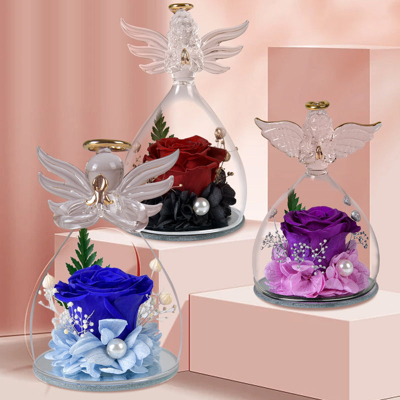 Preserved Rose Flowers in Glass Angel Figurines Gift Set Bulk Wholesale