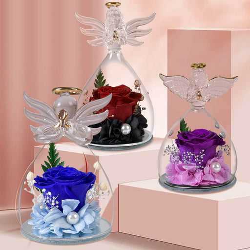 Preserved Rose Flowers in Glass Angel Figurines Gift Set Bulk Wholesale