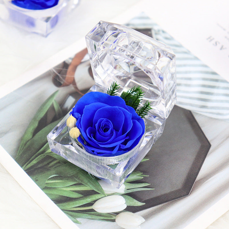 Preserved Forever Rose in Clear Acrylic Ring Box – 1 Pc Artificial Flower Gift