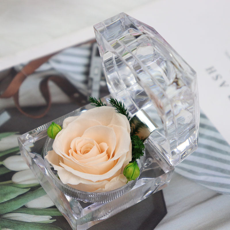 Preserved Forever Rose in Clear Acrylic Ring Box – 1 Pc Artificial Flower Gift