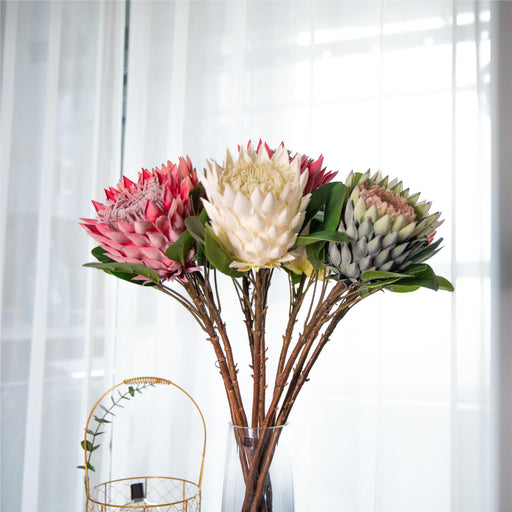 6 Pcs 20 Inch Artificial King Protea Stems Bouquet Faux Silk Fall Flowers