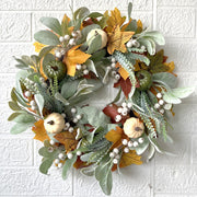 Pumpkin Maple Leaf Wreath with White Berries, Artificial Fall Harvest Decor, Thanksgiving Festival Decoration