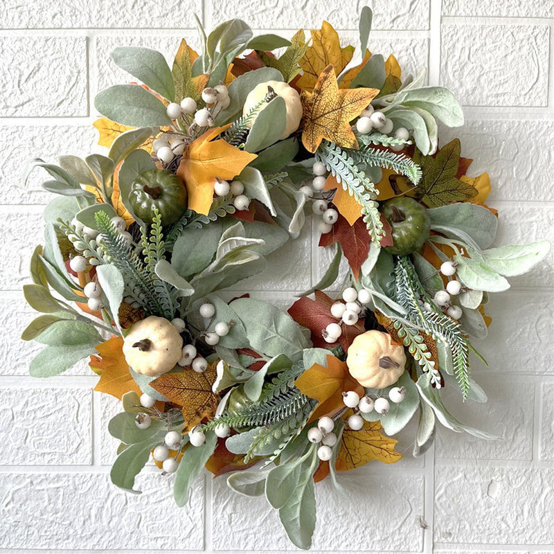 Pumpkin Maple Leaf Wreath with White Berries, Artificial Fall Harvest Decor, Thanksgiving Festival Decoration