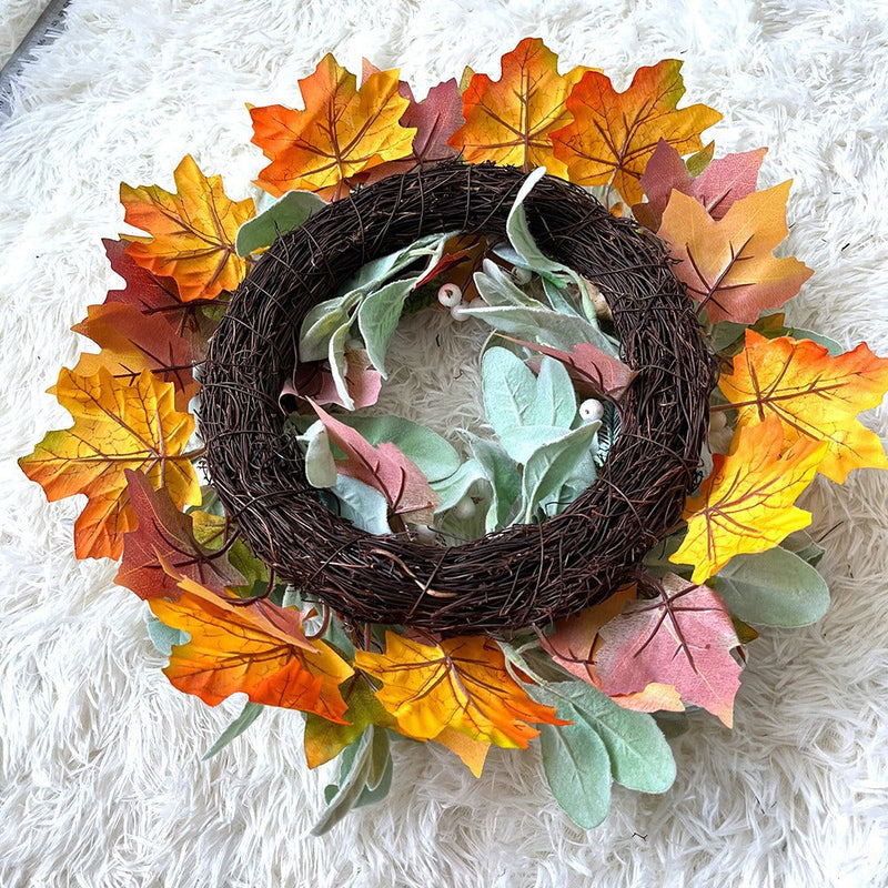 Pumpkin Maple Leaf Wreath with White Berries, Artificial Fall Harvest Decor, Thanksgiving Festival Decoration