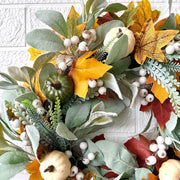 Pumpkin Maple Leaf Wreath with White Berries, Artificial Fall Harvest Decor, Thanksgiving Festival Decoration