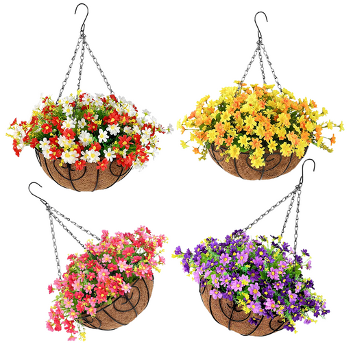 Artificial Daisy Hanging Flowers in Basket, Pre-Potted, Bulk Set for Patio Lawn Garden Decor