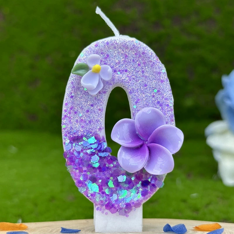 Purple Glitter Number Birthday Candles with Flower Accents - Party & Cake Decor