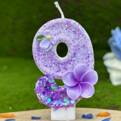 Purple Glitter Number Birthday Candles with Flower Accents - Party & Cake Decor