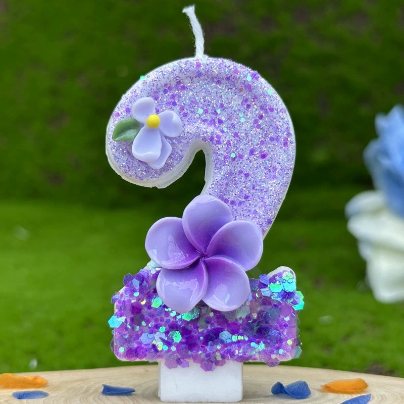 Purple Glitter Number Birthday Candles with Flower Accents - Party & Cake Decor