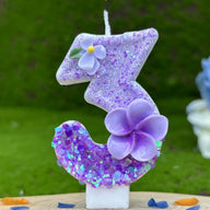 Purple Glitter Number Birthday Candles with Flower Accents - Party & Cake Decor