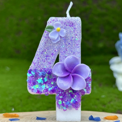 Purple Glitter Number Birthday Candles with Flower Accents - Party & Cake Decor