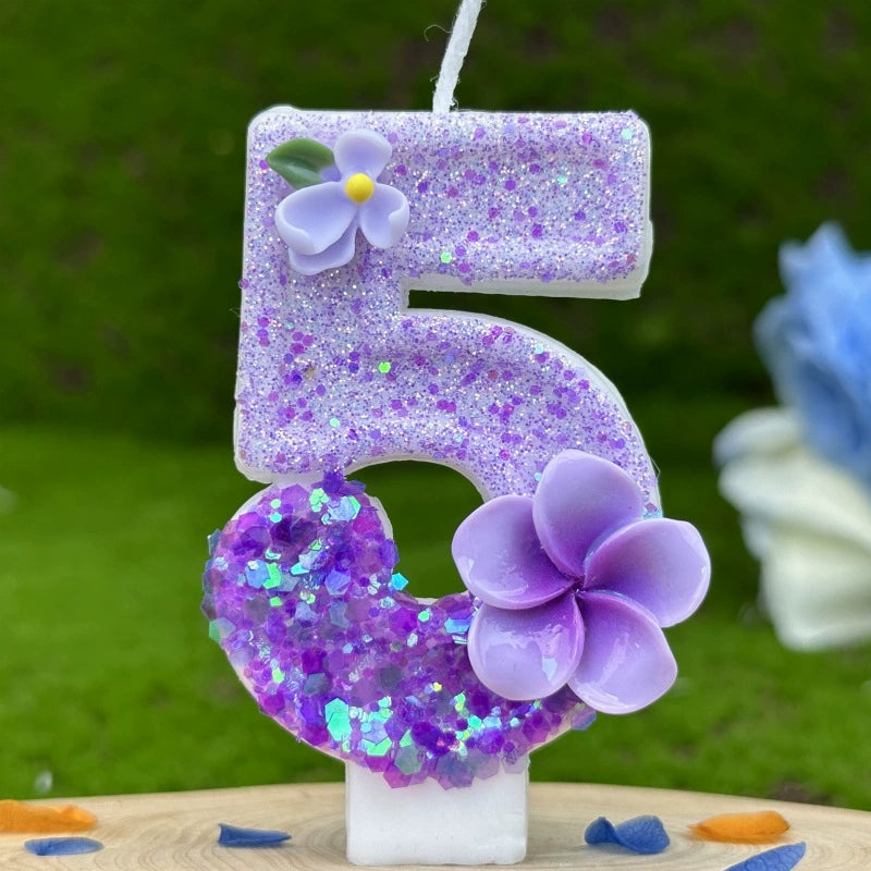 Purple Glitter Number Birthday Candles with Flower Accents - Party & Cake Decor