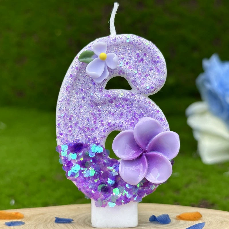 Purple Glitter Number Birthday Candles with Flower Accents - Party & Cake Decor