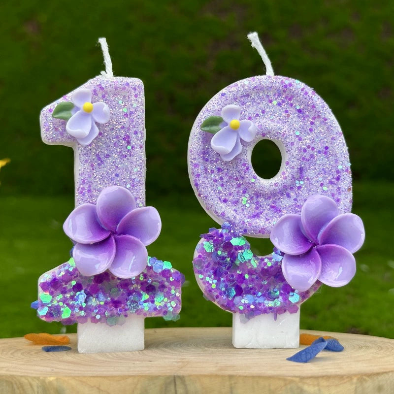 Purple Glitter Number Birthday Candles with Flower Accents - Party & Cake Decor
