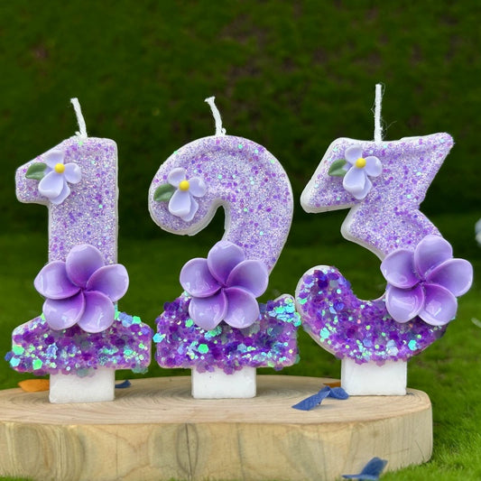 Purple Glitter Number Birthday Candles with Flower Accents - Party & Cake Decor