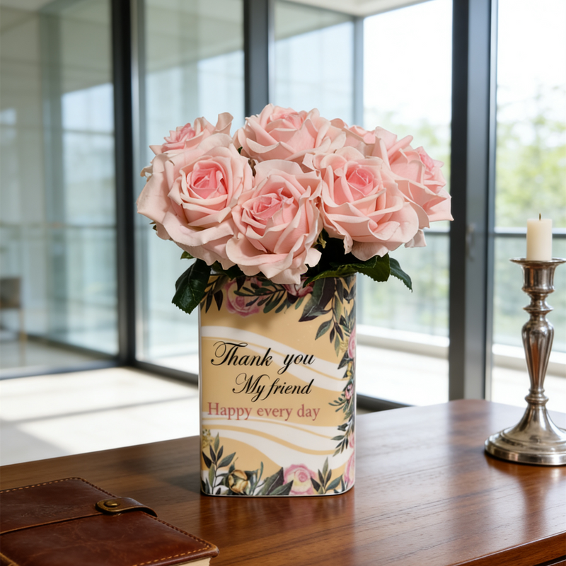 15 Inch Pink Real Touch Artificial Rose Vase Arrangement - Bulk 1 Pc