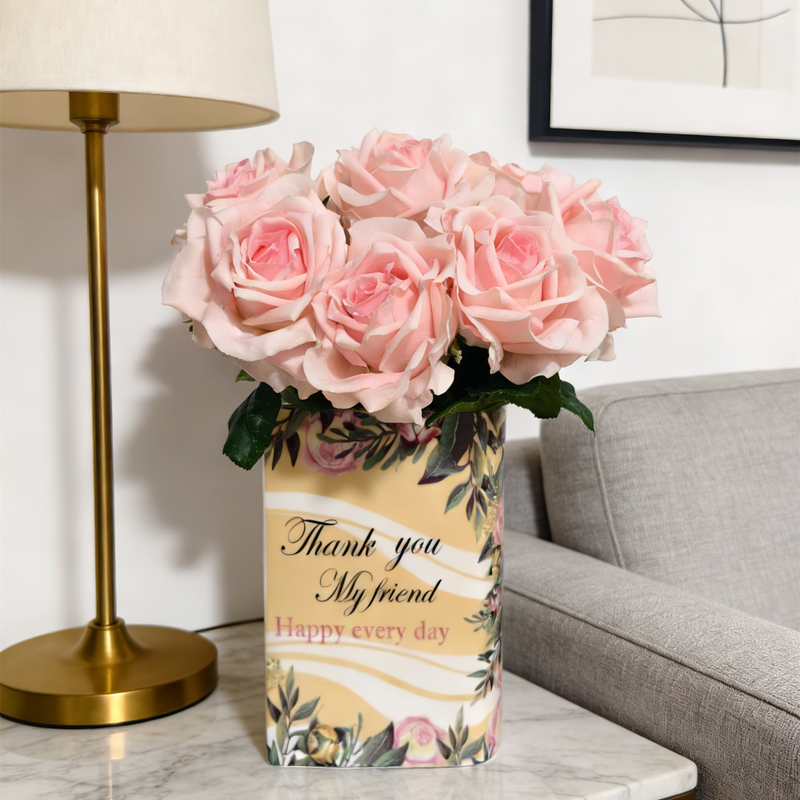 15 Inch Pink Real Touch Artificial Rose Vase Arrangement - Bulk 1 Pc