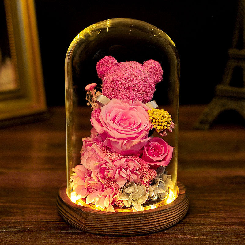 Preserved Rose Moss Bear with LED Light Bulk Gift Set Artificial Flowers