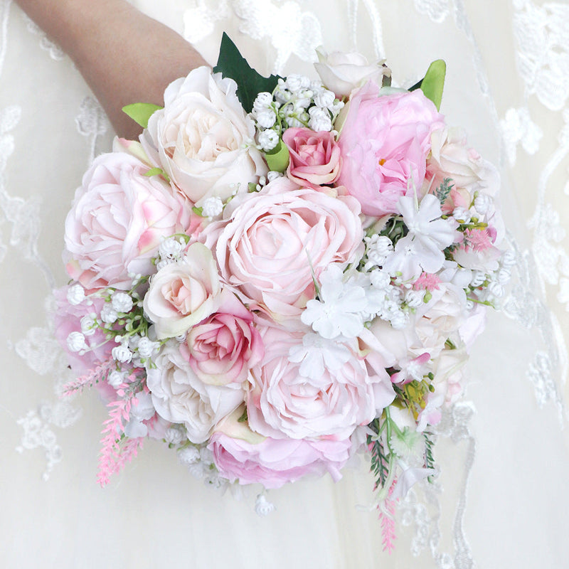 11 Inch Blush Pink Artificial Bridal Bouquets Small Round, Bulk Set