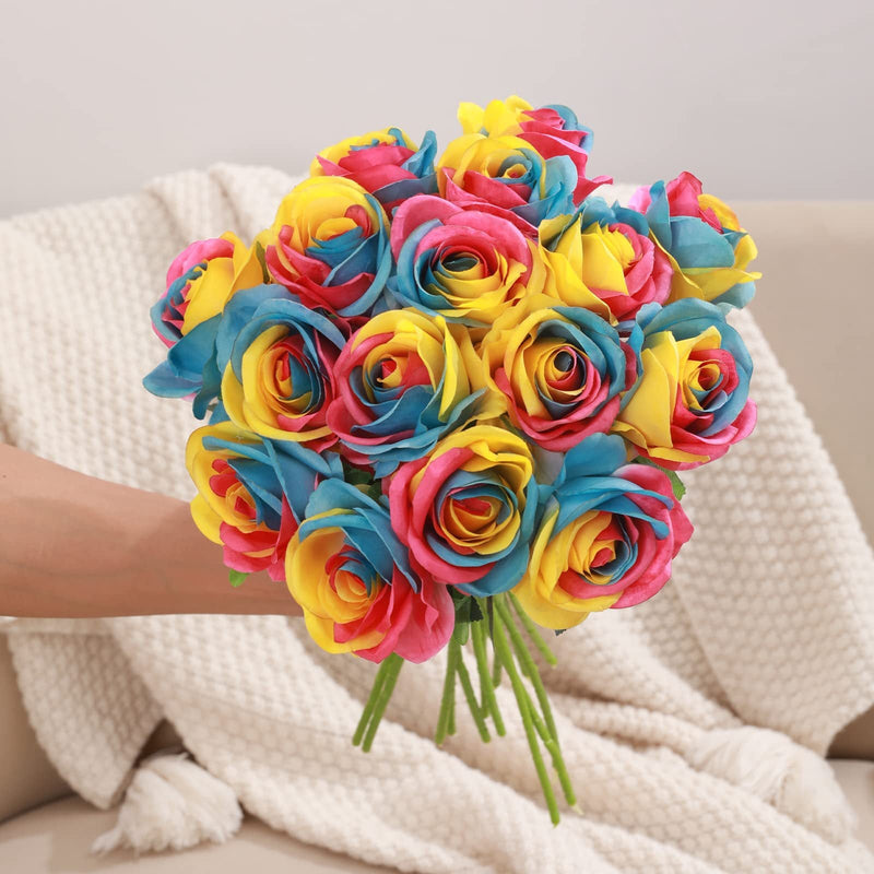 19 Inch Rainbow Rose Stem Artificial Flower 10 Pcs Colorful Silk Roses for Arrangements Centerpieces