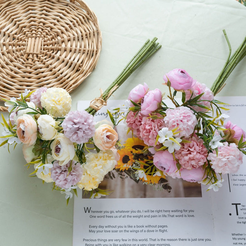 12 Inch Artificial Ranunculus Bouquet with Snowball Flowers, Mixed Colors, Bulk Wholesale