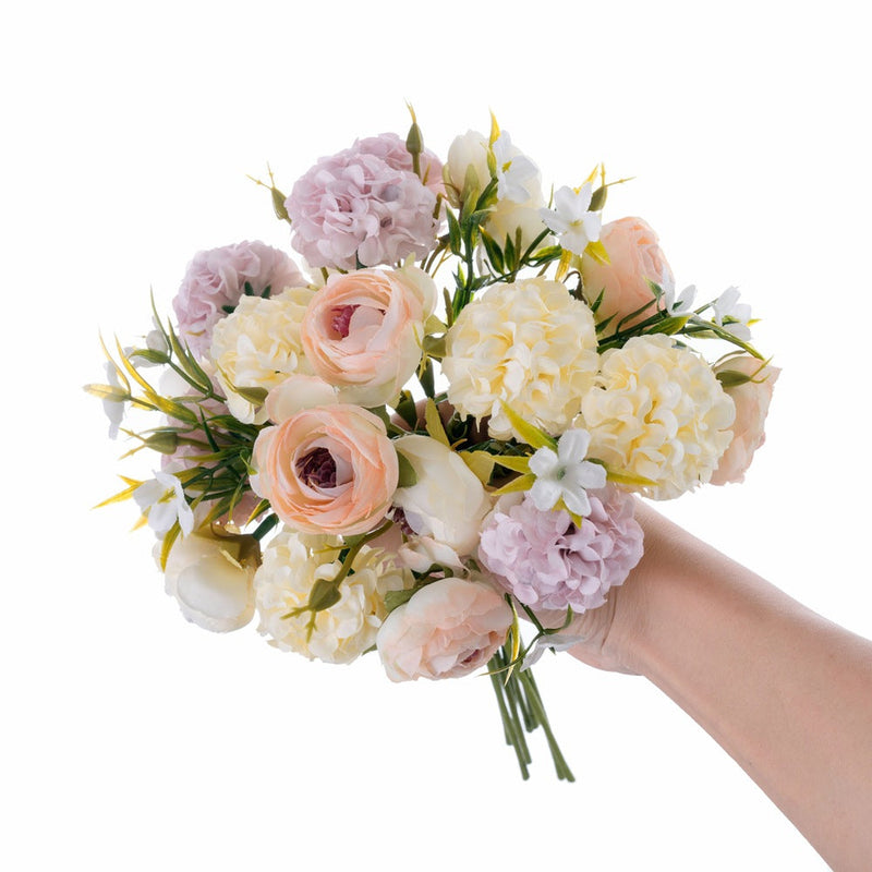 12 Inch Artificial Ranunculus Bouquet with Snowball Flowers, Mixed Colors, Bulk Wholesale