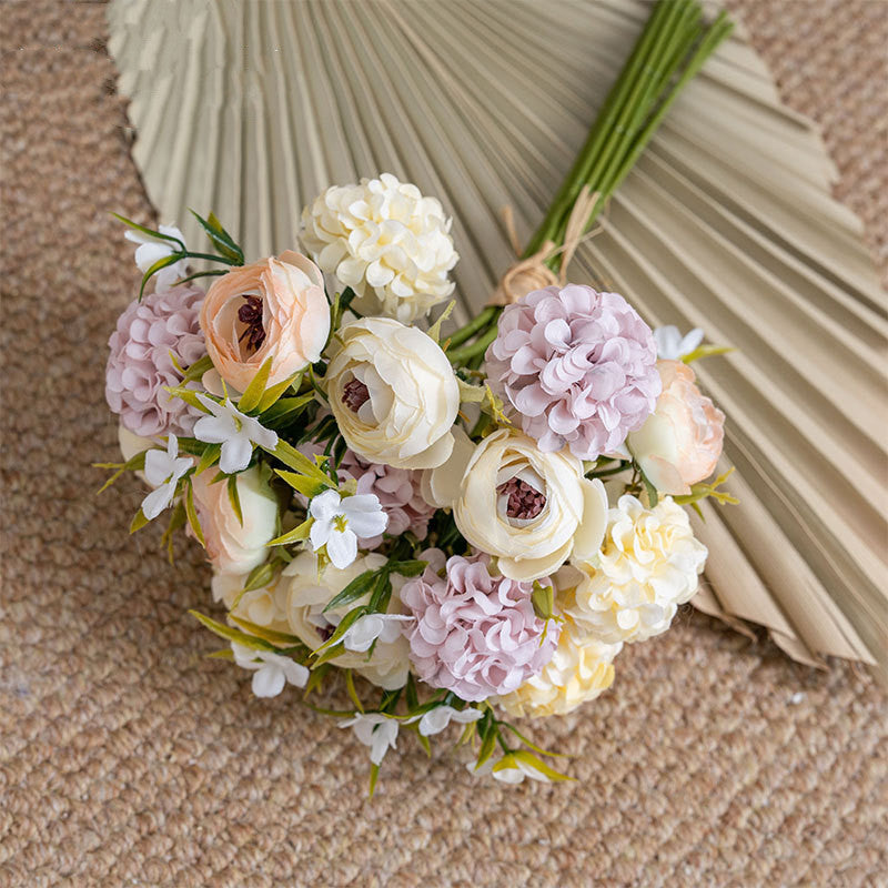 12 Inch Artificial Ranunculus Bouquet with Snowball Flowers, Mixed Colors, Bulk Wholesale