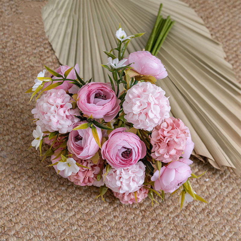 12 Inch Artificial Ranunculus Bouquet with Snowball Flowers, Mixed Colors, Bulk Wholesale