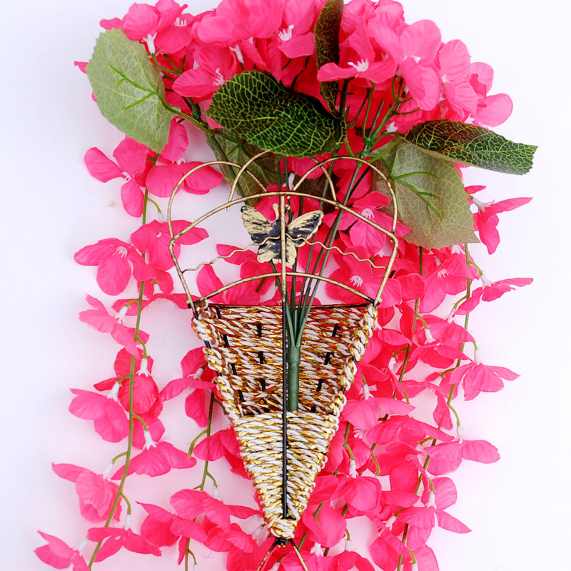 Rattan Plaited Basket Wall Hanging 11 Inch Iron Art Golden Decor