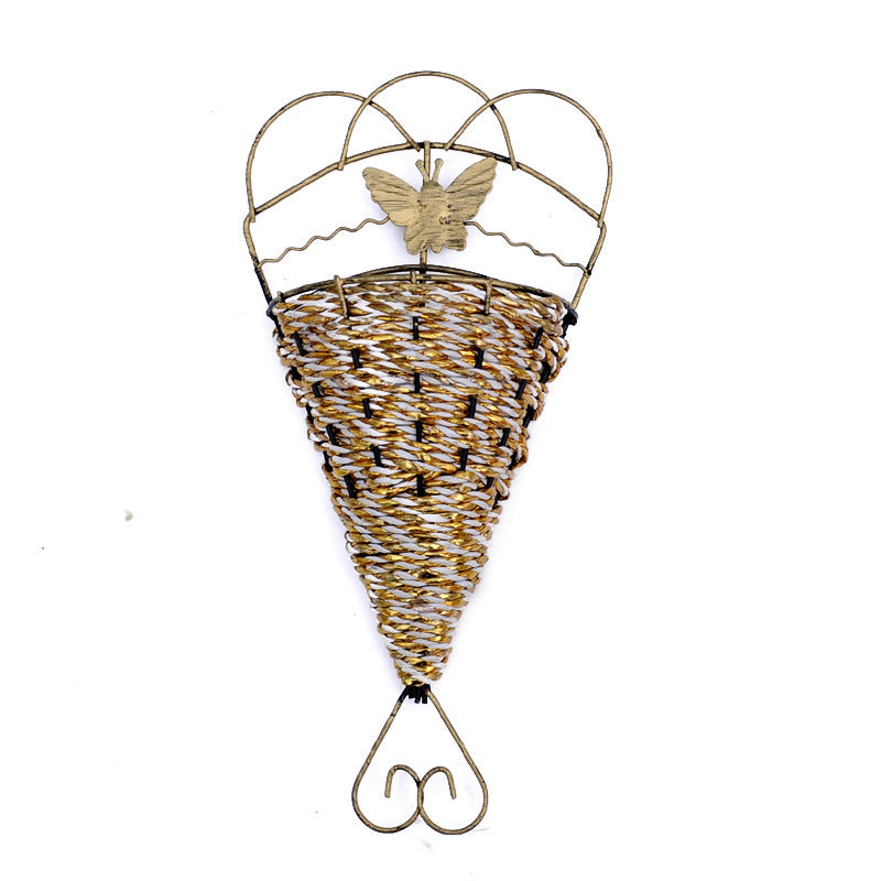 Rattan Plaited Basket Wall Hanging 11 Inch Iron Art Golden Decor