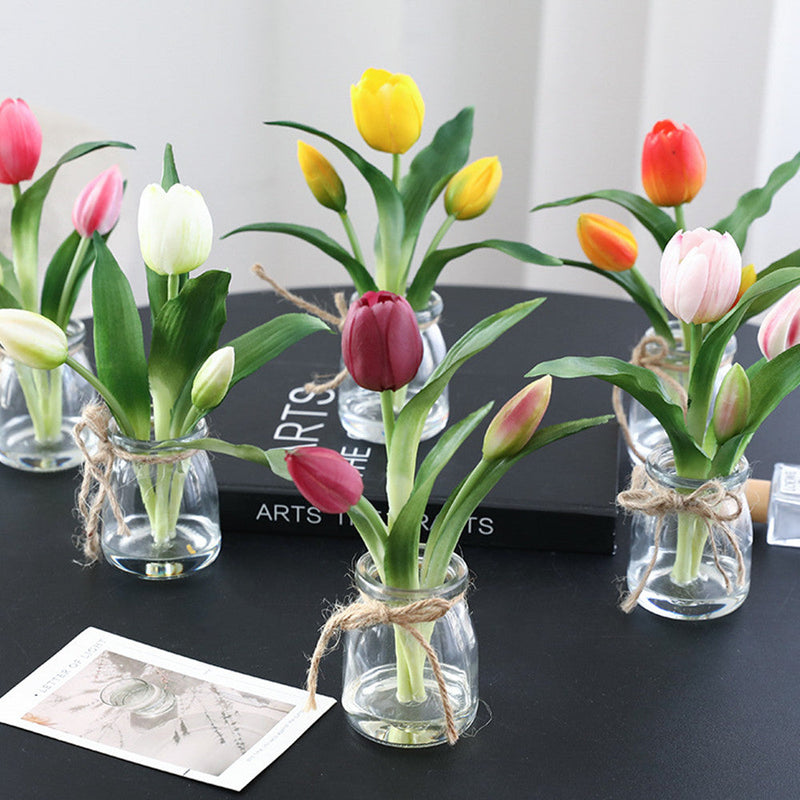 8 Inch Real Touch Tulips Artificial Flowers in Vase with Faux Water, Bulk Table Decor