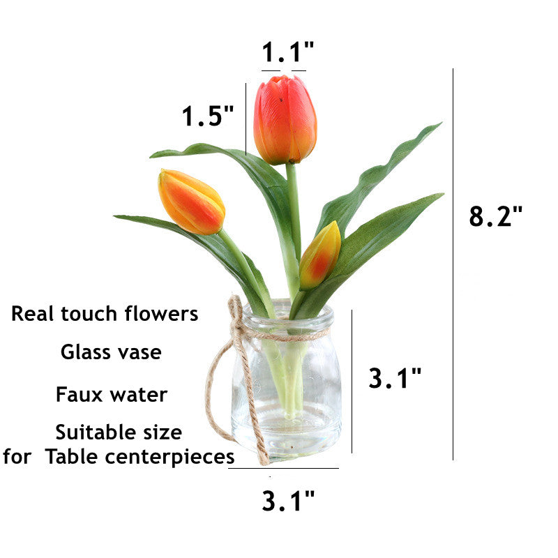 8 Inch Real Touch Tulips Artificial Flowers in Vase with Faux Water, Bulk Table Decor