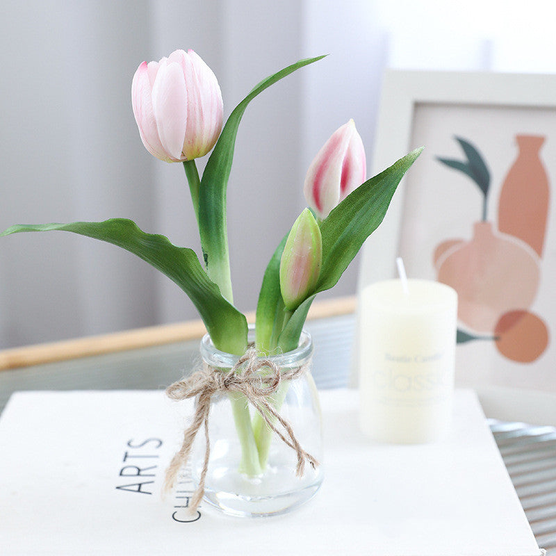8 Inch Real Touch Tulips Artificial Flowers in Vase with Faux Water, Bulk Table Decor