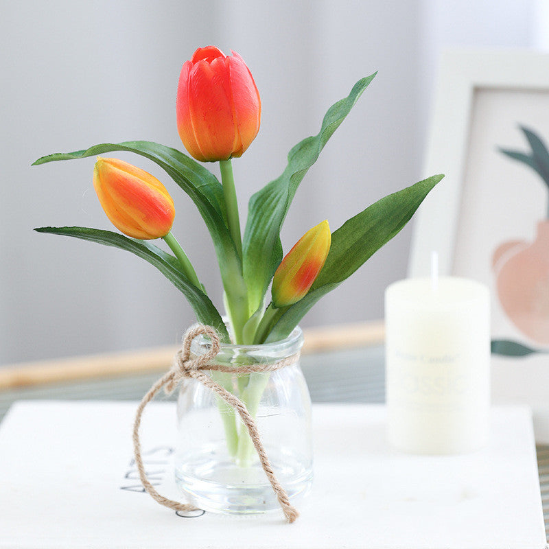 8 Inch Real Touch Tulips Artificial Flowers in Vase with Faux Water, Bulk Table Decor