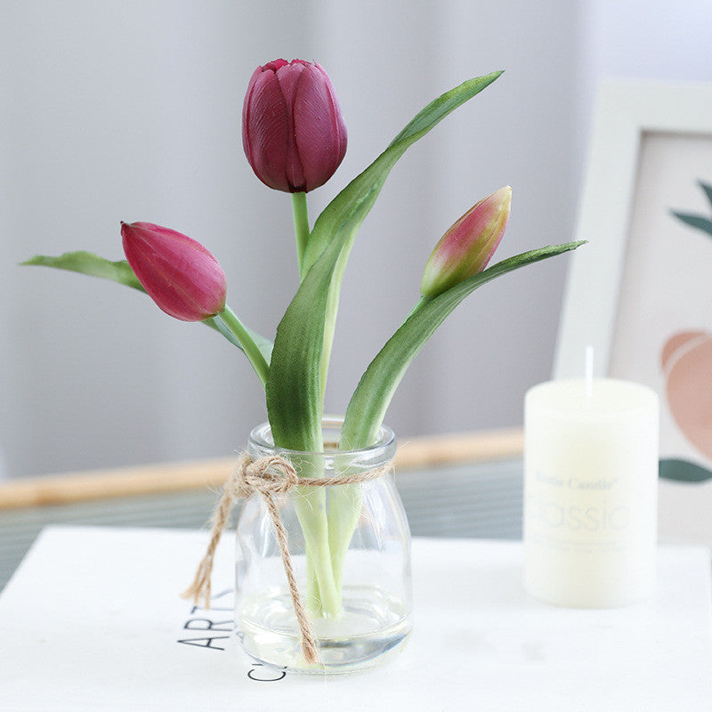 8 Inch Real Touch Tulips Artificial Flowers in Vase with Faux Water, Bulk Table Decor